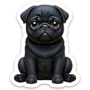 cinematic-[black pug]-realistic-full-body-sitting-emoji,-tail-resting-loosely-beside-its-paws,-head-tilted-dramatically, -sleek-[black]-fur,-simplified-yet-realistic-focused-features,-highly-detailed,-glowing-with-an-almost-sarcastic-glow sticker