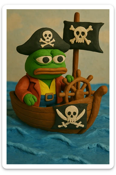 Add the exact skull and crossbones symbol to the pirate flag and the pirate hat in the claymation style image of Pepe the Frog dressed as a pirate sailing on a pirate ship in the ocean. sticker