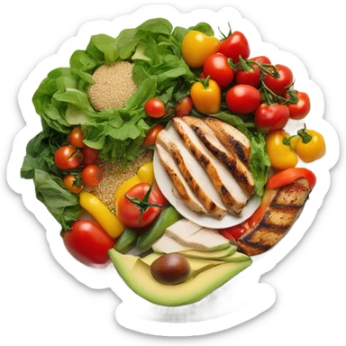 Look up on a large white round plate of healthy food sticker
