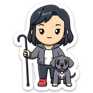 Woman with long black hair holding a black Cane Corso dog with cropped ears sticker