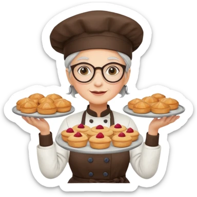 Older female pastry chef – round glasses, oven mitts on, holding a tray of pastries.

 sticker