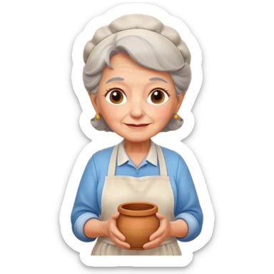 cartoon Apple iOS emoji style rural elderly woman, pastel colors, Chilean wooden kitchen background, clay pots, warm light, detailed and clean vector art sticker