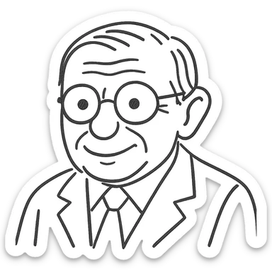Enhance the Jean-Paul Sartre black outline icon by adding more detail while keeping the number of strokes moderate for clarity. Depict him with a happier expression, maintaining the hand-drawn outline style, round glasses, and transparent background. sticker