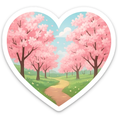 heart with a spring cherry orchard, clean digital illustration, no background sticker