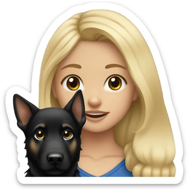 blonde girl who has blue eyes with an all black female german shepherd  sticker