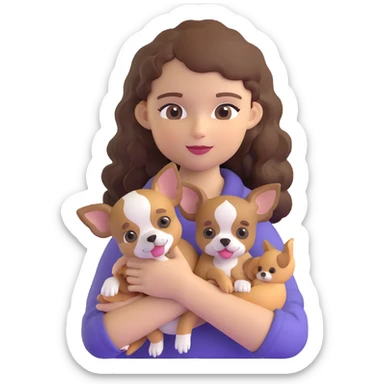 white girl with curly brown hair holding a chihuahua puppy sticker