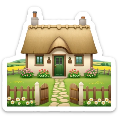 A countryside cottage with a thatched roof, wooden door, flowers around the house, green fields, peaceful rural scenery, natural lighting, detailed and realistic sticker