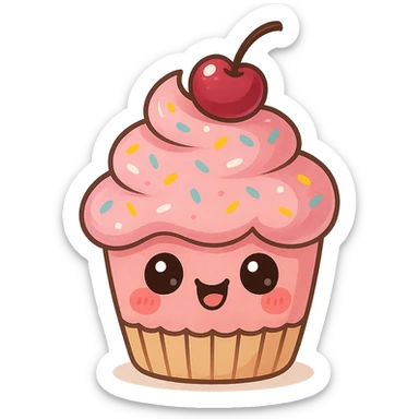 a cute pink cupcake with sprinkles and a cherry, original design, big eyes, blushing cheeks, joyful sticker