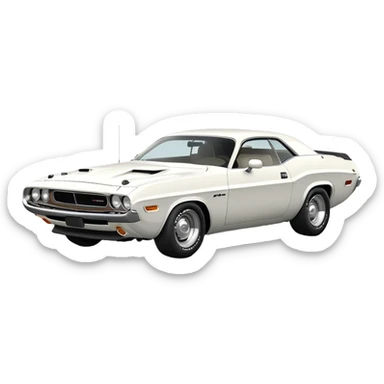 All-white 1971 Dodge Challenger, three-quarter view at 30-degree angle, showing partial front and side, minimalist iOS emoji style, no stripes or decorations, pure white sticker