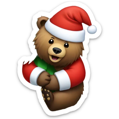 grizzly bear with a santa hat climbing a christmas tree sticker