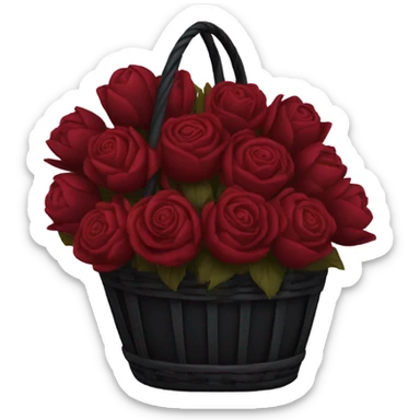 a large black basket of flowers consisting of dark red roses, peonies in shades of burgundy and tulips in shades of red sticker