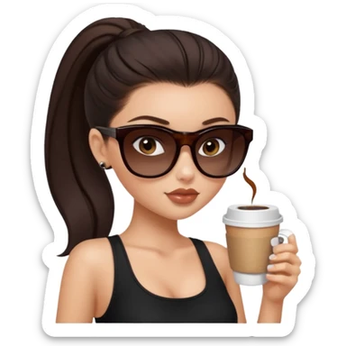 generate a pretty fair bratz girl with dark brown eyes, dark brown eyes tied into a slick back ponytail, thin brown sunglasses. Wearing a black cami top and drinking coffee, high cheekbones sticker