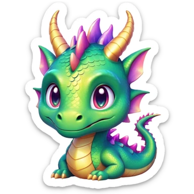 Cinematic Cute Dragon Portrait Emoji, Head tilted playfully and inquisitively, with a sleek, serpentine body adorned in iridescent scales and a charming, expressive face featuring subtle, delicate horns, round, sparkling eyes brimming with curious magic, Simplified yet irresistibly adorable features, highly detailed, glowing with a warm, enchanting glow, high shine, affectionate and mystical, stylized with a touch of whimsical fantasy, soft glowing outline, capturing the essence of a mischievous yet loving dragon that feels like it could slither out of the screen into your arms! sticker