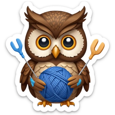 Owl holding blue yarn ball and knitting needles sticker