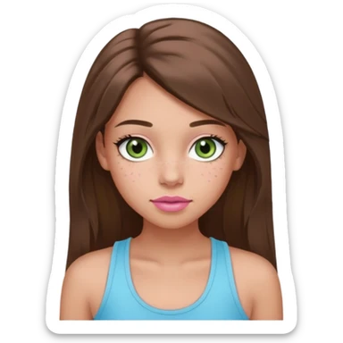 Create a teen girl wearing a light blue tank top. She will have long brunette hair, tan skin, pink lips, and grey-green eyes. She has long eyelashes. She also has light freckles  sticker