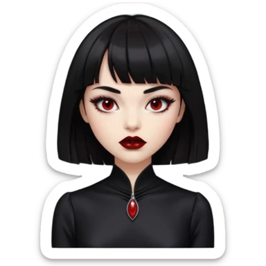 “Emoji girl, porcelain skin, sharp eyeliner, vampy deep red lips, straight jet-black hair with bangs, intense eyes, wearing black silk dress.” sticker