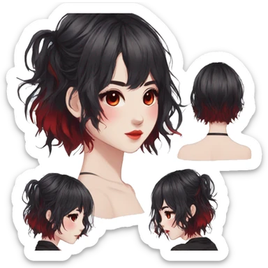 Gorgeous anime style lady with blushing face aesthetic and pretty edgy black red punk hair with hair garment trending style sticker
