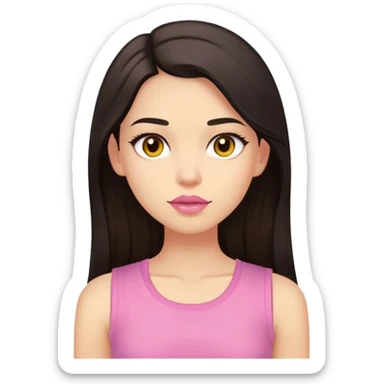 Create image that look like the girl in the photo. The girl has to have long dark hair, dark brown eyes, light skin color, medium sized pink lips, light yellow tight sleeveless shirt sticker