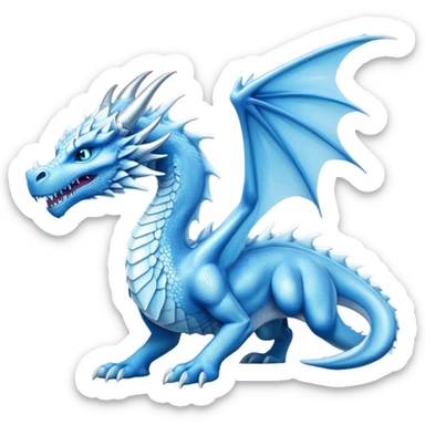 Cinematic Noble wise elegant Ice Dragon full body  Emoji, Poised and imposing, distinct long elegant snout, with a slender, scaled body shimmering in glacial hues of icy blue, frostbitten silver, and crystalline white, breathing out frost, with piercing, glowing ice blue white eyes that radiate the chilling depths of an arctic storm; rendered in detail. excuding wisdom sticker