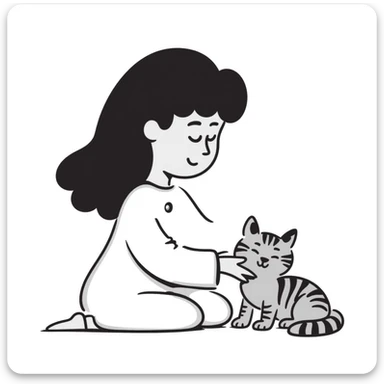 Beautiful girl with long black hair sitting with a gray and blonde mixed cat sticker