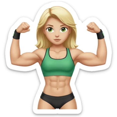 muscular white girl with blonde hair and green eyes, flexing 6 pack abs and one arm bicep, full body pose sticker