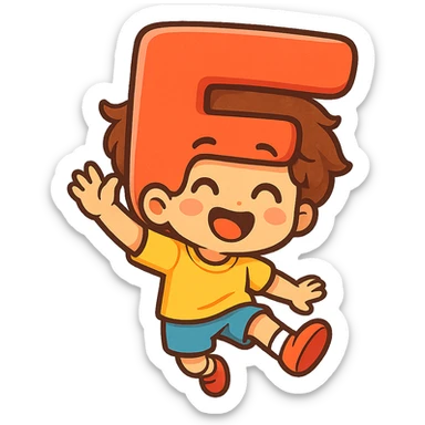 a playful and cartoonish kid with a head shaped like the letter F, colorful, expressive, cute, friendly, whimsical style sticker
