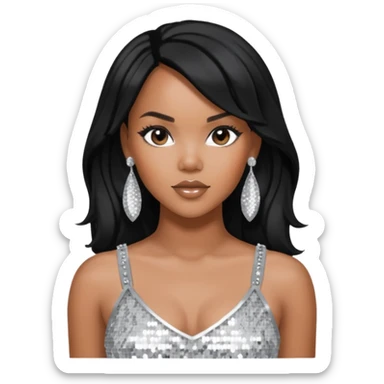 LeToya Luckett with black long hair, silver sequin crop top, silver earring sticker