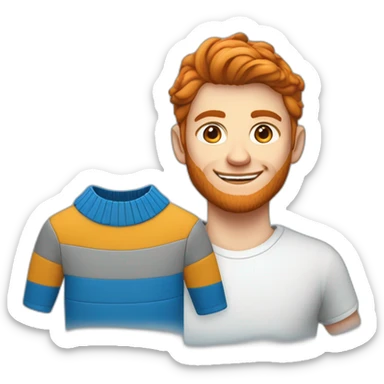 Un jeune homme roux habillée avec un pull bleu et un col blanc sticker