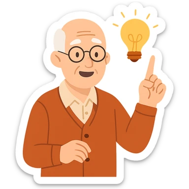 flat design style elderly man pointing his finger up at a light bulb, pretending that he has an idea sticker