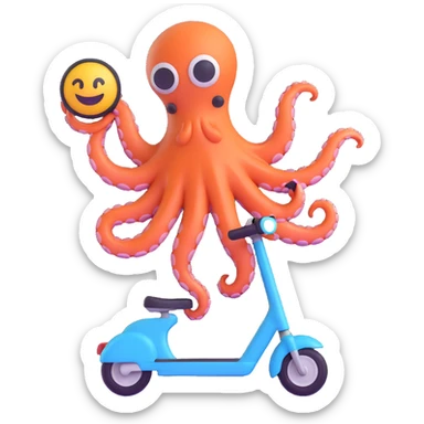 octopus riding a scooter, 3D emoji style sticker