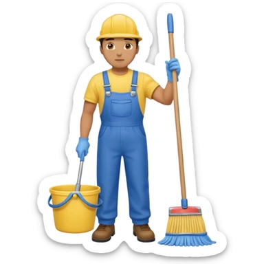 Custodian with yellow rubber gloves, blue overalls mopping floor sticker