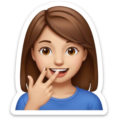 girl emoji, brown hair, smiling, biting tip of finger sticker