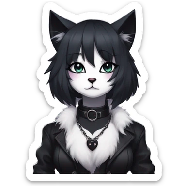 Gorgeous furry gothic dark techwear anime style anthro black cat furry sona with blushing face aesthetic and pretty edgy black with collar and harness trending style sticker