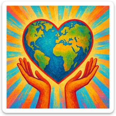 a stylized heart with continents, being held up by hands, optimistic mood, colorful and uplifting sticker