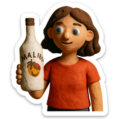 matte plasticine claymation style young woman holding a bottle of Malibu sticker