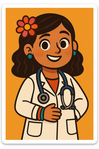 cute Mexican doctor girl, smiling, wearing white coat, stethoscope, colorful accessories, warm friendly expression, cartoon style sticker