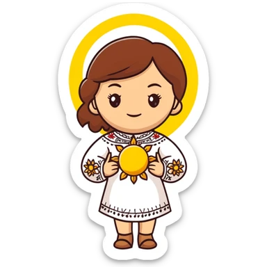 Young Ukrainian girl with brown hair wearing a white traditional embroidered shirt holding the sun in her hand sticker