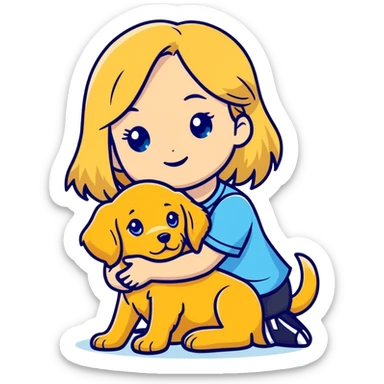 a blonde haired girl with blue eyes and she is holding a golden retriever puppy  sticker