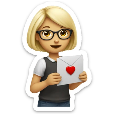 A blond girl with glasses holding a heart enveloppe in her hand and pulling a letter o sticker