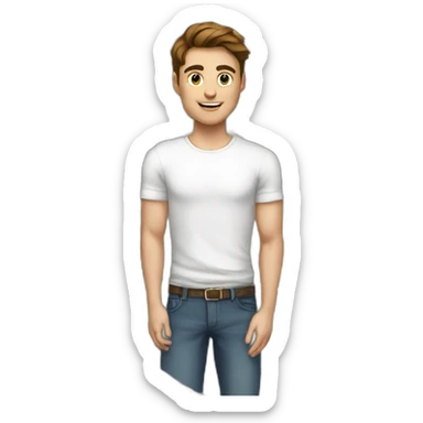 A young fit man with a white shirt with forward Brown hair and beige skin and with money in his hand sticker