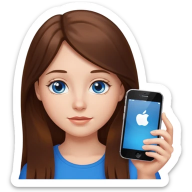 A girl with blue eyes and long brown hair with an iPhone sticker