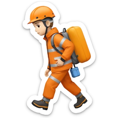 Orange jacket and helmet moving while carrying stuff on his back struggling sticker