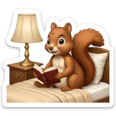 squirrel reading in bed with retro light lamp next to it sticker