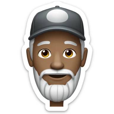 Man with blue eyes grey hair and grey goatee wearing ball cap holding a long haired black chihuahua sticker