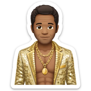 Al Green with dark brown hair, cream sequin jacket, shirtless with necklace sticker