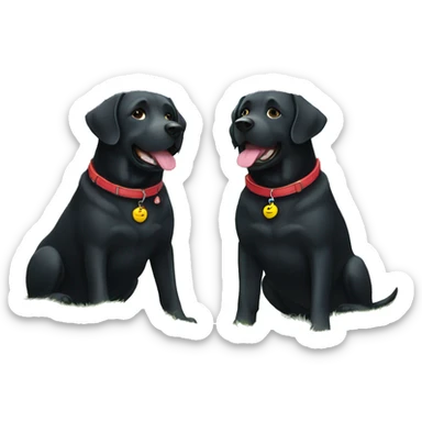 TWO happy adult BLACK labradors. one with a red collar next to another happy adult BLACK labradors with a light blue collar. sticker