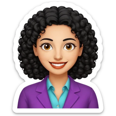 30 year old iranian woman very short curly black hair, big brown eyes, tanned skin, big smile, white teeth, pretty, stylish, shorter hair, boy cut hair, nice clothes sticker