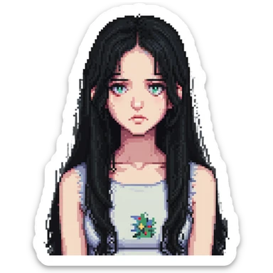 pale girl with long black hair, sad expression sticker