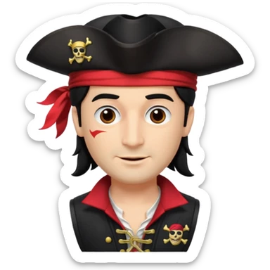 Captain Feathersword of The Wiggles with light skin, brown eyes, black hair, black pirate hat, white pirate shirt with red vest, one eye patch sticker