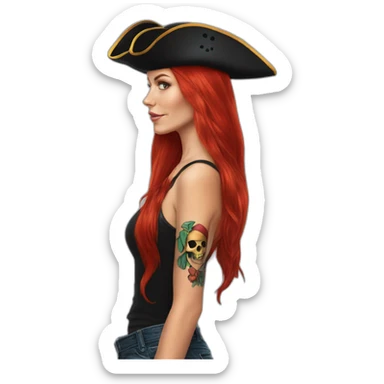 Woman long red hair on one side, tattoo on side of head.  pirate hat. skull and crossbones t shirt sticker